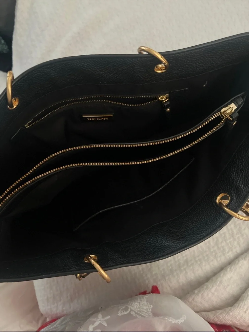 Tory Burch Black Leather Shoulder Tote with Gold Hardware